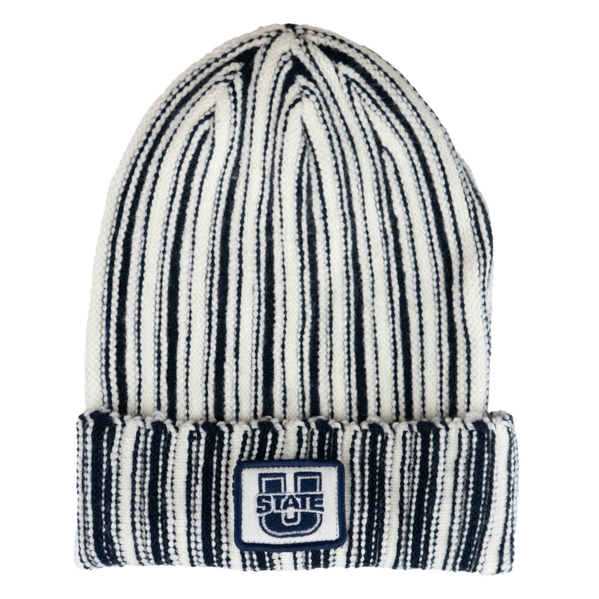 U-state white and navy striped knit base camp beanie